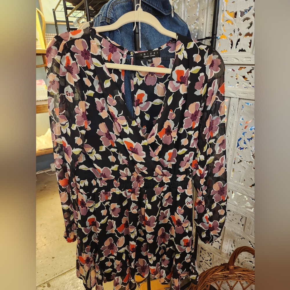 Trixxi Black Jumpsuit with Pink and Purple Floral Pattern